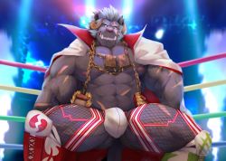 Rule 34 | 1boy, abs, bara, bare pectorals, bozi (17030417), bulge, cape, chain, curled horns, fishnet legwear, fishnets, furry, furry male, grey fur, highres, horns, krampus (housamo), large bulge, large pectorals, long sideburns, male focus, muscular, muscular male, navel, nipples, pectorals, scar, scar across eye, scar on arm, scar on face, short hair, sideburns, smile, solo, squatting, stomach, thick eyebrows, thick thighs, thighs, tokyo houkago summoners, tusks, white cape, wrestling outfit, wrestling ring