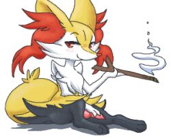 Rule 34 | 1boy, animal ear fluff, animal ears, animal feet, animal nose, animal penis, black fur, blush, body fur, braixen, closed mouth, creatures (company), erection, feet, fox ears, fox girl, fox tail, full body, furry, furry male, game freak, gen 6 pokemon, hand up, happy, holding, holding stick, knee up, knotted penis, light blush, looking at viewer, lowres, male focus, multicolored fur, nintendo, penis, pokemon, pokemon (creature), red eyes, simple background, sitting, smile, smoke, snout, solo, stick, stoic5, tail, uncensored, white background, white fur, yellow fur