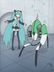 Rule 34 | + +, 1girl, :o, alternate color, aqua eyes, aqua hair, aqua necktie, artist name, black footwear, black skirt, black sleeves, boots, commentary, dated, detached sleeves, digiral, english commentary, excited, full body, grey shirt, hair ornament, hatsune miku, headphones, highres, long hair, long sleeves, looking at another, lyrics, musical note, necktie, outstretched arms, pleated skirt, portal (series), sentry turret (portal), shirt, skirt, sleeveless, sleeveless shirt, spread arms, standing, thigh boots, thighhighs, tile floor, tile wall, tiles, very long hair, vocaloid, zettai ryouiki