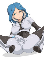 Rule 34 | 1girl, anus, ass, blush, bodysuit, boots, breasts, clitoris, feet, female focus, green eyes, inazuma eleven, inazuma eleven (series), large breasts, legs, looking at viewer, merry program, multicolored hair, presenting, pussy, short hair, simple background, sitting, skin tight, solo, spread legs, spread pussy, spread pussy under clothes, thighs, urubida, white background