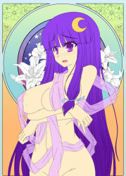 Rule 34 | 1girl, art nouveau, bad id, bad pixiv id, breast hold, breasts, crescent, crescent hair ornament, female focus, groin, hair ornament, kirise mitsuru, large breasts, long hair, nipples, no headwear, no headwear, nude, patchouli knowledge, purple eyes, purple hair, ribbon, see-through, solo, touhou, unfinished, very long hair