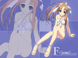 Rule 34 | 1girl, bare shoulders, bikini, blush, bow, bracelet, breasts, cleavage, cleavage cutout, clothing cutout, collarbone, f-ism, floating hair, green eyes, hair bow, jewelry, long hair, looking at viewer, murakami suigun, no legwear, original, ponytail, sandals, sitting, smile, solo, swimsuit, white bikini, white bow, wind