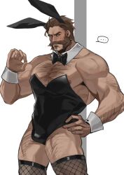 Rule 34 | ..., algaebog, animal ears, arm hair, bara, beard, black leotard, blush, bow, bowtie, bulge, chest hair, covered navel, crossdressing, facial hair, feet out of frame, fishnet thighhighs, fishnets, graves (league of legends), hair slicked back, hairy, highres, large pectorals, league of legends, leg hair, leotard, looking at viewer, male focus, male playboy bunny, mature male, muscular, muscular male, mustache, nervous sweating, ok sign, pectorals, rabbit ears, strapless, strapless leotard, sweat, thick mustache, thick thighs, thighhighs, thighs, wrist cuffs