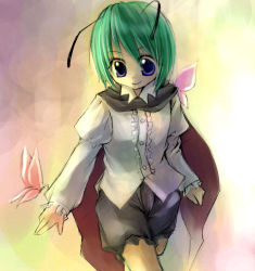 Rule 34 | 1girl, antennae, asahina, blue eyes, bug, butterfly, female focus, gradient background, green hair, insect, solo, touhou, wriggle nightbug