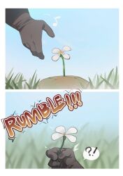 Rule 34 | !?, 1other, blue sky, brown gloves, commentary, day, difman, english commentary, flower, gloves, grass, highres, holding, holding flower, long sleeves, original, out of frame, outdoors, sky, spoken interrobang, white flower