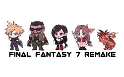 Rule 34 | 2girls, :3, absurdres, aerith gainsborough, animal, armor, baggy pants, barret wallace, beard, belt, black skirt, black thighhighs, blue eyes, blue pants, blue shirt, boots, breasts, brown footwear, brown vest, buster sword, chibi, cloud strife, crop top, dog tags, dress, earrings, elbow gloves, facial hair, facial mark, facial scar, feather hair ornament, feathers, final fantasy, final fantasy vii, final fantasy vii remake, flame-tipped tail, full body, gloves, green eyes, green pants, hair ornament, hair ribbon, hand on own hip, highres, holding, holding staff, jacket, jewelry, long dress, long hair, low-tied long hair, midriff, multiple boys, multiple girls, open mouth, orange eyes, orange fur, pants, pink dress, pink ribbon, red eyes, red footwear, red hair, red jacket, red xiii, ribbon, scar, scar across eye, scar on cheek, scar on face, shirt, short hair, short sleeves, shoulder armor, simple background, skirt, sleeveless, sleeveless shirt, smile, spiked hair, square enix, staff, sunglasses, suspenders, thighhighs, tifa lockhart, torn clothes, torn sleeves, ttnoooo, very short hair, vest, weapon, weapon on back, white background, white shirt