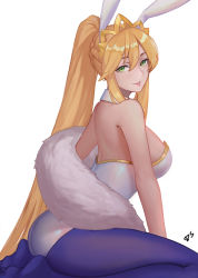 Rule 34 | 1girl, animal ears, artoria pendragon (all), artoria pendragon (fate), artoria pendragon (swimsuit ruler) (fate), bare arms, bare shoulders, blue pantyhose, breasts, d.sum, detached collar, fake animal ears, fate/grand order, fate (series), from side, green eyes, high ponytail, highres, kneeling, large breasts, leotard, long hair, looking at viewer, looking to the side, no shoes, pantyhose, parted lips, pink lips, playboy bunny, rabbit ears, sideboob, sidelocks, signature, simple background, solo, strapless, strapless leotard, tiara, very long hair, white background, white leotard