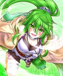 Rule 34 | + +, 1girl, :d, bare shoulders, belt, black shorts, blush, breasts, brown belt, brown coat, camisole, capelet, cleavage, coat, collar, collarbone, commentary request, drawstring, duel monster, fang, floating hair, green background, green eyes, green hair, green jacket, hair between eyes, hair ornament, highres, hood, hood down, hooded capelet, jacket, jewelry, large breasts, long hair, looking at viewer, medallion, necklace, off shoulder, open mouth, p-b-c (dark matter kakine), ponytail, shorts, sidelocks, skin fang, smile, solo, symbol-shaped pupils, thighlet, toeless footwear, white camisole, winda (yu-gi-oh!), winda priestess of gusto, yu-gi-oh!
