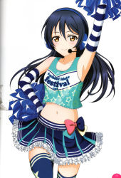 Rule 34 | 10s, 1girl, absurdres, arm up, armpits, artist request, bare shoulders, blue hair, blue thighhighs, blush, cheerleader, chemise, crop top, elbow gloves, frills, gloves, hand on own hip, headphones, headset, highres, long hair, looking at viewer, love live!, love live! school idol festival, love live! school idol project, midriff, non-web source, pom pom (cheerleading), scan, simple background, skirt, smile, solo, sonoda umi, star (symbol), takaramonozu, thighhighs, very long hair, white background, yellow eyes, zettai ryouiki