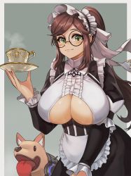 Rule 34 | 1girl, apron, blush, breast cutout, breasts, brown hair, clothing cutout, constantia s2, cup, dog, dress, frilled apron, frills, headdress, highres, huge breasts, last origin, long hair, looking at viewer, maid, maid apron, maid headdress, pagong, ponytail, puffy sleeves, round eyewear, saucer, sidelocks, smile, solo, teacup, underboob cutout, white apron