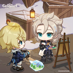 Rule 34 | 2boys, absurdres, albedo (genshin impact), aqua eyes, black footwear, black gloves, black pants, blonde hair, blue eyes, boots, chibi, closed mouth, coat, commentary, copyright name, crate, dot nose, easel, english commentary, genshin impact, gloves, grey hair, highres, holding, holding paintbrush, hood, hood down, light smile, looking at another, male focus, medium hair, mika (genshin impact), multiple boys, official art, open mouth, paintbrush, palette (object), pants, parted bangs, short ponytail, snow, sweatdrop, vision (genshin impact), white coat