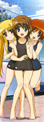 Rule 34 | 3girls, :d, ;d, absurdres, black one-piece swimsuit, blonde hair, blue eyes, blurry, brown hair, cloud, copyright name, depth of field, fate testarossa, feet, hair between eyes, hair intakes, hair ornament, hairclip, head tilt, highres, huge filesize, incredibly absurdres, knees together feet apart, leg lift, legs, long hair, long image, lyrical nanoha, mahou shoujo lyrical nanoha, mahou shoujo lyrical nanoha a&#039;s, mahou shoujo lyrical nanoha the movie 2nd a&#039;s, megami magazine, multiple girls, official art, one-piece swimsuit, one eye closed, open mouth, parted bangs, red eyes, school swimsuit, short hair, single hair intake, sky, smile, stick poster, swimsuit, takamachi nanoha, tall image, twintails, very long hair, wink, yagami hayate
