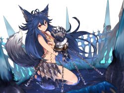 Rule 34 | 10s, 1girl, animal ears, animal hands, antenna hair, bad id, bad pixiv id, bdsm, blue hair, blurry, bondage, bound, bound wrists, chain, closed mouth, depth of field, dutch angle, erune, fang, fenrir (shingeki no bahamut), flat chest, from side, frown, full body, granblue fantasy, hair between eyes, highres, jewelry, kneeling, liquid, lock, long hair, looking at viewer, navel, necklace, padlock, red eyes, restrained, shingeki no bahamut, solo, spikes, tail, touzai (poppin phl95), very long hair, wolf ears, wolf tail