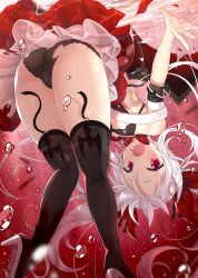 Rule 34 | 1girl, :o, air bubble, ass, azur lane, bent over, black footwear, black panties, boots, bubble, commentary, fang, full body, garter straps, high heel boots, high heels, highres, long hair, looking at viewer, panties, red eyes, solo, star (symbol), star in eye, symbol in eye, thigh boots, thighhighs, torn clothes, torn panties, twintails, underwear, vampire (azur lane), white hair, yano mitsuki (nanairo)