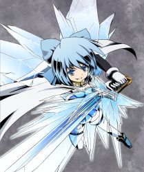 Rule 34 | 1girl, alternate costume, blue eyes, blue hair, bow, cirno, cosplay, crystal sword, elbow gloves, gloves, grey background, grin, hair bow, ice, ice wings, look-alike, mahou shoujo madoka magica, mahou shoujo madoka magica (anime), matching hair/eyes, miki sayaka, miki sayaka (cosplay), short hair, simple background, smile, solo, sword, thighhighs, touhou, weapon, white thighhighs, windfeathers, wings