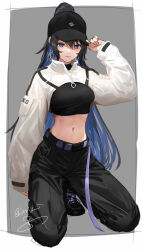 Rule 34 | 1girl, arched back, arm at side, baseball cap, black hair, black hat, black pants, black shirt, blue hair, blush, border, breasts, closed mouth, cropped jacket, cropped shirt, drop earrings, earrings, full body, grey background, hair through headwear, half-closed eyes, hand on headwear, hand up, hat, high ponytail, highres, hoop earrings, isshiki (ffmania7), jacket, jewelry, kamitsubaki studio, kneeling, koko (kamitsubaki studio), long hair, long sleeves, looking at viewer, medium breasts, midriff, mole, mole under eye, narrow waist, navel, open clothes, open jacket, outside border, pants, puffy long sleeves, puffy sleeves, purple eyes, shirt, signature, smile, solo, stomach, taut clothes, taut shirt, twitter username, virtual youtuber, white border, white jacket