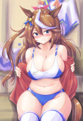 Rule 34 | 1girl, absurdres, alternate breast size, animal ears, bare shoulders, blue eyes, blue panties, blush, breasts, brown hair, cleavage, commentary request, hair between eyes, highres, horse ears, indoors, jacket, large breasts, long hair, looking at viewer, nose blush, open clothes, open jacket, panties, red jacket, sitting, solo, sports bra, thick thighs, thighhighs, thighs, tokai teio (umamusume), tong shui, umamusume, underwear, very long hair, white thighhighs