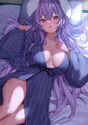 Rule 34 | 1girl, :o, animal ears, blue kimono, blush, breasts, commentary request, feet out of frame, highres, japanese clothes, kimono, large breasts, long hair, looking at viewer, lying, nose blush, on back, pillow, pink eyes, purple hair, rabbit ears, reisen udongein inaba, solo, tatami, thighs, touhou, very long hair, wowoguni
