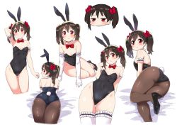Rule 34 | 1girl, :o, animal ears, arm behind head, blush, breasts, brown hair, cleavage, covered navel, detached collar, elbow gloves, fake animal ears, gloves, high heels, kurokawa makoto, lace, lace-trimmed legwear, lace trim, love live!, multiple views, pantyhose, playboy bunny, rabbit ears, rabbit tail, red eyes, short twintails, small breasts, tail, thighhighs, twintails, white background, yazawa nico