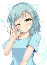 Rule 34 | 1girl, bang dream!, blue hair, blue shirt, blush, bow, braid, breasts, collarbone, commentary request, drawn ears, drawn tail, green eyes, grin, hair between eyes, hair bow, hand up, heart, hikawa hina, looking at viewer, ok sign, one eye closed, shirt, short sleeves, small breasts, smile, solo, sonosakiburi, sparkle, swept bangs, twin braids, upper body, yellow bow