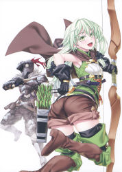 Rule 34 | 1boy, 1girl, absurdres, armor, armpits, arrow (projectile), ass, black bow, blush, bow, bow (weapon), breastplate, elf, from behind, full armor, gloves, goblin slayer, goblin slayer!, greaves, green eyes, green hair, helmet, high elf archer (goblin slayer!), highres, holding, holding weapon, kannatsuki noboru, knight, long hair, looking at viewer, looking back, official art, open mouth, pointy ears, scan, shorts, sidelocks, simple background, smile, thighhighs, weapon, white background