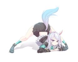 Rule 34 | abineko, absurdres, animal ears, commentary, english commentary, full body, highres, horse ears, horse girl, horse tail, jack-o&#039; challenge, long hair, looking at viewer, mejiro mcqueen (umamusume), purple eyes, purple hair, shoes, simple background, smile, solo, spread legs, tail, umamusume, white background