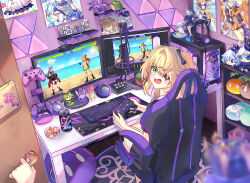 Rule 34 | 1girl, 1other, aranara (genshin impact), barbara (genshin impact), barbara (summertime sparkle) (genshin impact), blonde hair, can, chair, character doll, commentary request, controller, door, eyepatch, fischl (genshin impact), furina (genshin impact), game controller, gaming chair, genshin impact, green eyes, headphones, headphones removed, highres, holding, holding controller, holding game controller, indoors, keqing (genshin impact), keyboard (computer), long hair, maron star, monitor, sitting, slime (genshin impact), solo focus, swivel chair, two side up