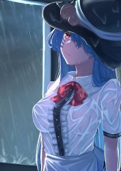 Rule 34 | 1girl, :/, absurdres, black hat, blue hair, blush, center frills, closed mouth, collared shirt, frills, fruit hat ornament, hair over one eye, hat, highres, hinanawi tenshi, long hair, looking at viewer, neck ribbon, peach hat ornament, puffy short sleeves, puffy sleeves, red eyes, red ribbon, ribbon, sazaki (sakiyuikun), shirt, short sleeves, sidelocks, solo, touhou, wet, wet clothes, wet hair, wing collar