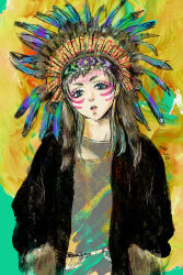 Rule 34 | 1other, alternate costume, androgynous, blue eyes, cotori (globule), facepaint, facial mark, feathers, forehead mark, gnosia, green eyes, green hair, headdress, highres, long sleeves, looking at viewer, makeup, native american headdress, other focus, raqio, short hair, simple background, solo, upper body