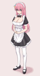 Rule 34 | 1girl, absurdres, alternate costume, apron, black dress, black footwear, blue eyes, bocchi the rock!, breasts, cleavage, cube hair ornament, dress, enmaided, full body, gotoh hitori, hair ornament, highres, kurofuro, large breasts, long hair, maid, maid apron, maid headdress, pantyhose, pink hair, solo, standing, white apron, white pantyhose