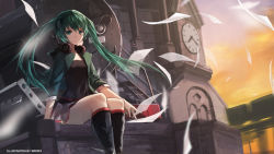 Rule 34 | 1girl, artist name, bad id, bad pixiv id, blurry, boots, building, depth of field, green eyes, green hair, hatsune miku, headphones, headphones around neck, jacket, locomotive, long hair, looking at viewer, matching hair/eyes, paper, sitting, sketch, solo, swd3e2, vocaloid, wind
