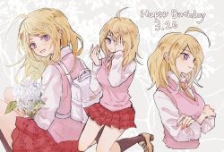 Rule 34 | 1girl, ahoge, akamatsu kaede, backpack, bag, blonde hair, bouquet, breasts, calf socks, collared shirt, crossed arms, danganronpa (series), danganronpa v3: killing harmony, dated, flower, fortissimo, full body, grey background, hair ornament, hand over eye, happy birthday, holding, holding bouquet, long hair, long sleeves, looking at viewer, looking to the side, medium breasts, multiple views, musical note, musical note hair ornament, necktie, nocoyaki, open mouth, orange necktie, pink sweater vest, purple eyes, red skirt, shirt, skirt, smile, sweater vest, swept bangs, upper body, white bag, white flower, white shirt
