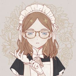 Rule 34 | 1girl, adjusting clothes, adjusting gloves, blue eyes, bow, bowtie, brown-framed eyewear, brown hair, dot nose, eyelashes, female focus, floral background, glasses, gloves, haimura kiyotaka, half-closed eyes, maid, maid headdress, original, parted bangs, parted lips, solo, white bow, white bowtie, white gloves