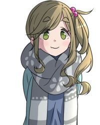 Rule 34 | 1girl, blue jacket, blue shirt, blush, brown hair, closed mouth, commentary, fang, fang out, green eyes, green hair, grey scarf, hair bobbles, hair ornament, hews, inuyama aoi, jacket, looking at viewer, scarf, shirt, side ponytail, sidelocks, simple background, skin fang, smile, solo, thick eyebrows, upper body, white background, yurucamp