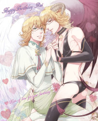 Rule 34 | 10s, 2boys, angel, angel and devil, angel wings, ass, bad id, bad pixiv id, barnaby brooks jr., blonde hair, bulge, crossdressing, demon, demon boy, demon tail, dual persona, english text, glasses, green eyes, halo, happy birthday, horns, lovecom, male focus, multiple boys, panties, red eyes, short hair, smile, tail, thighhighs, tiger &amp; bunny, trap, underwear, wings, yaoi