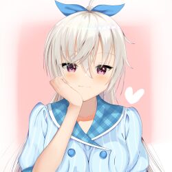 Rule 34 | 1girl, :3, absurdres, ahoge, akizuki kanna, alt text, blue bow, blue collar, blue shirt, blush, bow, cafe stella to shinigami no chou, closed mouth, collar, collarbone, commentary request, crossed bangs, eyelashes, eyes visible through hair, hair between eyes, hair bow, hand on own cheek, hand on own face, heart, highres, kiki0319i, long hair, looking at viewer, pink background, pinstripe pattern, pinstripe shirt, plaid collar, ponytail, puffy short sleeves, puffy sleeves, purple eyes, shirt, short sleeves, smile, solo, straight-on, striped, very long hair, waitress, white hair