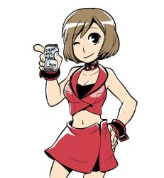Rule 34 | 1girl, black eyes, breasts, brown hair, can, cleavage, collar, cowboy shot, crop top, hand on own hip, holding, holding can, index finger raised, mary cagle, meiko (vocaloid), midriff, navel, one eye closed, red skirt, short hair, simple background, skirt, sleeveless, smile, solo, vocaloid, white background, wristband