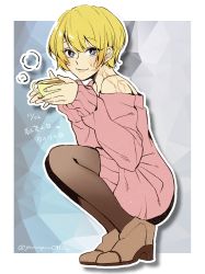 Rule 34 | 1girl, animification, apex legends, blonde hair, blue eyes, brown footwear, coffee, cup, facial scar, from side, hair behind ear, high heels, highres, holding, holding cup, looking at viewer, mozuwaka, mug, off shoulder, pantyhose, pink sweater, scar, scar on arm, scar on cheek, scar on face, short hair, smile, solo, squatting, sweater, wattson (apex legends)