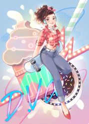 Rule 34 | 1girl, artist name, holding behind back, belt, blue background, blue pants, breasts, brown eyes, brown hair, buttons, character name, checkered clothes, checkered shirt, cleavage, closed mouth, collared shirt, crop top, cruiser d.va, cupcake, d.va (overwatch), denim, doughnut, drinking straw, earrings, food, full body, hair ribbon, hair up, headphones, highres, holding, hoop earrings, jeans, jewelry, looking at viewer, midriff, neck ribbon, official alternate costume, oversized object, overwatch, overwatch 1, pants, peyo han, pink ribbon, ponytail, red footwear, red shirt, ribbon, shirt, shoes, skateboard, skateboard behind back, sleeves rolled up, smile, solo, sprinkles, stomach, tied shirt, white belt, white ribbon