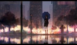Rule 34 | 1girl, axleaki, black hair, black skirt, black socks, blurry, blurry background, building, city, city lights, cityscape, closed mouth, commentary, fire hydrant, glasses, hair between eyes, highres, holding, holding umbrella, lamppost, lens flare, letterboxed, long hair, necktie, night, original, rain, red eyes, red necktie, reflection, scenery, school uniform, shirt, short sleeves, skirt, skyscraper, socks, solo, standing, tree, umbrella, wet ground, white shirt, wide shot