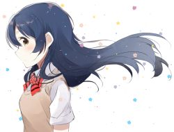 Rule 34 | 10s, 1girl, bad id, bad pixiv id, blue hair, bow, bowtie, from side, long hair, love live!, love live! school idol project, red bow, red bowtie, school uniform, short sleeves, simple background, smile, solo, sonoda umi, striped bow, striped bowtie, striped clothes, striped neckwear, sweater vest, totoki86, upper body, yellow eyes