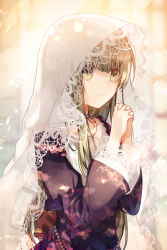 Rule 34 | 1girl, backlighting, blonde hair, blurry, blurry background, cecilia (shiro seijo to kuro bokushi), closed mouth, collarbone, day, depth of field, floral print, hands up, interlocked fingers, jewelry, juliet sleeves, kazutake hazano, lace-trimmed sleeves, lace trim, long hair, long sleeves, looking at viewer, necklace, orange ribbon, own hands together, puffy sleeves, purple shirt, ribbon, shiro seijo to kuro bokushi, shirt, sidelocks, smile, solo, striped ribbon, upper body, veil, wide sleeves, window, yellow eyes