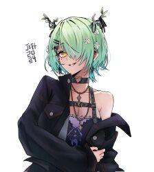 Rule 34 | 1girl, antlers, bow, ceres fauna, ceres fauna (goth), choker, cropped torso, dress, ear piercing, flower, green hair, grin, hair bow, hair flower, hair ornament, hairclip, heart, heart choker, highres, hololive, hololive english, horns, jacket, jeffraeson, jewelry, necklace, off shoulder, official alternate costume, open clothes, open jacket, piercing, ribbon, short hair, smile, solo, tagme, virtual youtuber, white background, yellow eyes