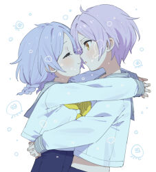 Rule 34 | 1boy, 1girl, air bubble, blue hair, blue skirt, blush, braid, brother and sister, bubble, closed eyes, face-to-face, from side, hug, interlocked fingers, light purple hair, looking at another, maare (moyori), maaru (moyori), moyori, neckerchief, original, own hands together, parted lips, profile, sailor collar, school uniform, serafuku, shirt, short hair, siblings, skirt, smile, underwater, upper body, white background, white shirt, yellow eyes, yellow neckerchief