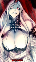 Rule 34 | 10s, 1girl, abyssal ship, bare shoulders, breasts, cleavage, collarbone, colored skin, commentary request, constricted pupils, detached sleeves, dress, horns, huge breasts, k-suwabe, kantai collection, long hair, long sleeves, red eyes, ribbed dress, scowl, seaport water oni, single horn, solo, twitter username, upper body, white dress, white hair, white skin