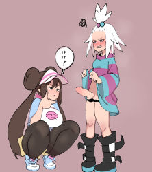 Rule 34 | 2girls, absurdres, black legwear, boots, brown hair, clothes lift, commentary request, creatures (company), double bun, dress, dress lift, futanari, game freak, hair bobbles, hair bun, hair ornament, hand on own chin, highres, lifting own clothes, long hair, looking at penis, multiple girls, nintendo, pantyhose, penis, pokemon, pokemon bw2, rosa (pokemon), roxie (pokemon), shoes, simple background, sneakers, squatting, striped clothes, striped dress, stroking own chin, topknot, twintails, umonebi, uncensored, very long hair, visor cap, white hair