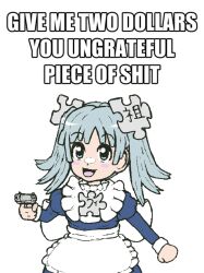Rule 34 | 1girl, :d, apron, blue dress, blue eyes, blue hair, blush stickers, chinese text, clenched hand, commentary, dress, english commentary, english text, finger on trigger, glock, gun, handgun, happy, highres, holding, holding gun, holding weapon, impact (font), jaggy lines, katakana, long hair, long sleeves, looking past viewer, maid, maid apron, marusketch, open mouth, pistol, aiming, profanity, puffy long sleeves, puffy sleeves, puzzle piece hair ornament, simple background, smile, solo, threat, twintails, upper body, waist apron, weapon, white background, wikipe-tan, wikipedia