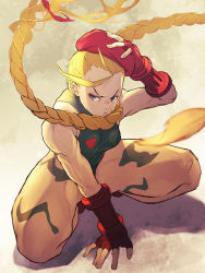 Rule 34 | 1girl, antenna hair, blonde hair, blue eyes, bodypaint, bracer, braid, breasts, cammy white, camouflage, capcom, commentary request, deltoids, facial scar, fingerless gloves, fingernails, forehead, full body, furrowed brow, gloves, green leotard, heattech leotard, highres, leotard, long hair, looking to the side, motion blur, muscular, muscular female, red gloves, scar, scar on cheek, scar on face, small breasts, solo, squatting, street fighter, street fighter ii (series), thick thighs, thighs, turtleneck, twin braids, very long hair, yuenibushi