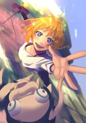 Rule 34 | 1girl, absurdres, bad id, bad twitter id, blouse, blue eyes, bra strap, breasts, bright pupils, collarbone, decadence (anime), falling, highres, mechanical arms, mechjunk, motion blur, natsume (decadence), open mouth, orange hair, outstretched arm, pipe (decadence), prosthesis, prosthetic arm, shirt, short hair, single mechanical arm, small breasts, smile, solo focus, white pupils, white shirt