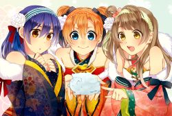 Rule 34 | bare shoulders, blue eyes, blue hair, blush, brown hair, chinese zodiac, closed mouth, commentary request, double bun, floral print, flower, gesho, hair between eyes, hair bun, hair flower, hair ornament, hairband, highres, holding, japanese clothes, kimono, kosaka honoka, long hair, long sleeves, love live!, love live! school idol festival, love live! school idol project, minami kotori, multiple girls, one side up, open mouth, orange hair, pointing, smile, sonoda umi, striped clothes, striped hairband, wide sleeves, year of the goat, yellow eyes